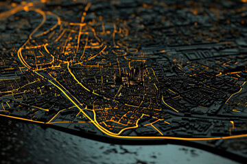 Technical aerial visual, 3D LiDAR GIS aerial map satellite scan model isolated, showing Amiens, France. Elevation, topography, render