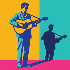 Fototapeta premium A man playing a guitar has shadows stretching all the way to the wall. Vector illustration