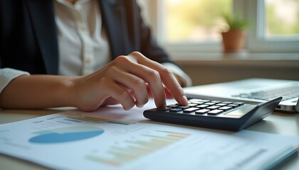 Business financing accounting banking concept. Businesswoman hand doing finances and calculate on desk about cost at home office. Woman working on desk with using calculator, finance accounting.
