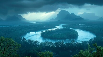 Serene River Winding Through a Mountainous Landscape
