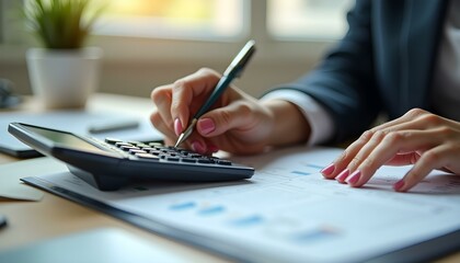 Fototapeta premium Business financing accounting banking concept. Businesswoman hand doing finances and calculate on desk about cost at home office. Woman working on desk with using calculator, finance accounting. 