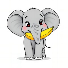 cartoon elephant with banana in mouth and eyes on white background.