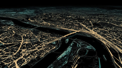 Technical aerial visual, 3D LiDAR GIS aerial map satellite scan model isolated, showing Amiens, France. Elevation, topography, render
