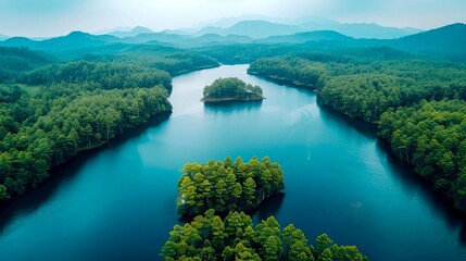 Fototapeta premium Aerial View of a Serpentine Lake Surrounded by Lush Green Forest and Mountains