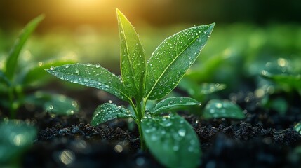 A young plant with droplets of water thrives in nutrient-rich soil under warm sunlight.