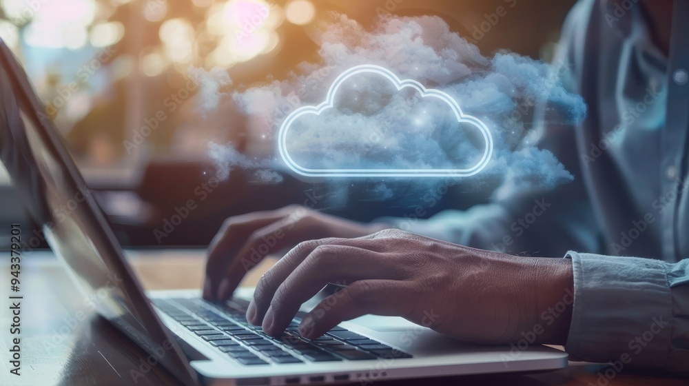 Poster close-up of hands typing on laptop, cloud computing concept, data storage, network technology