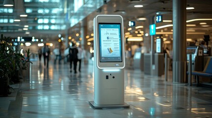 Female customer uses touchscreen terminal or self-service kiosk in hospital. Automated machine and electronic payment