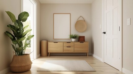  Elegant and modern hallway featuring a wooden console, decorative plant, and minimalist decor elements in a bright space.