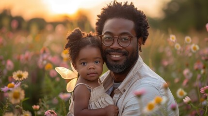 "Dress-Up Fun": A charming image of a Black father and daughter dressed in fancy attire, perhaps for a special event or playtime. Happy father day, - Powered by Adobe