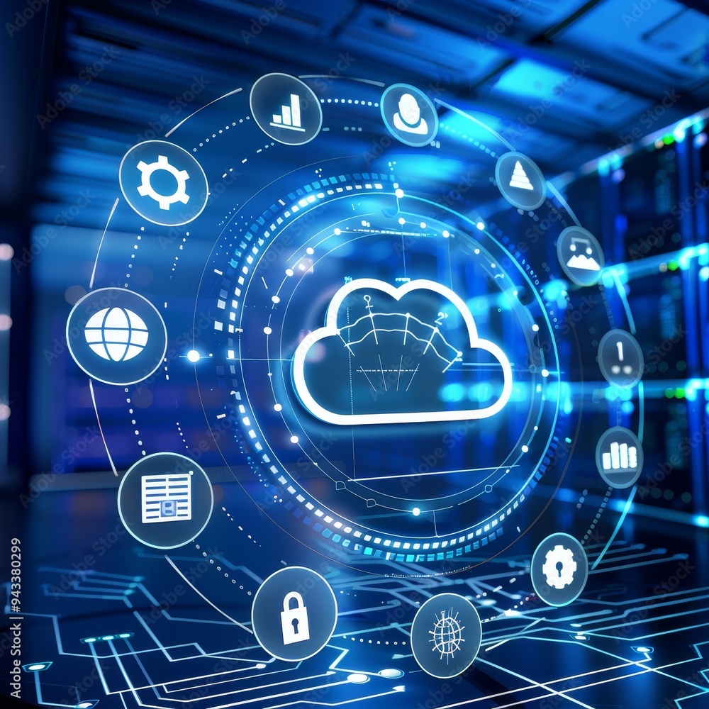 Poster cloud computing, data storage, and technology concept with icons over server room background