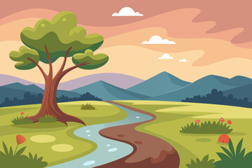 Serene Countryside 2D Animation Scene with Muddy Road & Tree - Calm Natural Landscape Vector, SVG, Cricut, Clipart