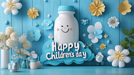 Happy children's day greeting card with smiling milk bottle on blue wooden background