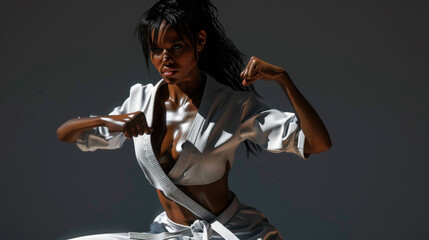 Obraz premium The martial artist is in a powerful karate stance, demonstrating concentration and skill while illuminated by striking lighting