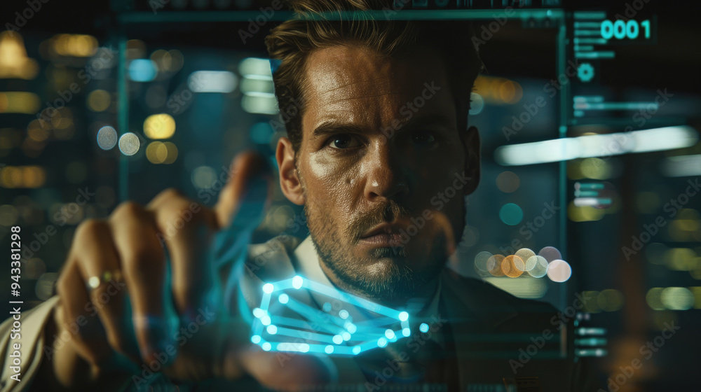 Poster a man intensely engages with advanced digital interfaces while surrounded by a vibrant city skyline 