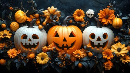 Spooky 3D Halloween pumpkins concept featuring a banner and background with glowing, vibrant pumpkins for a festive touch.