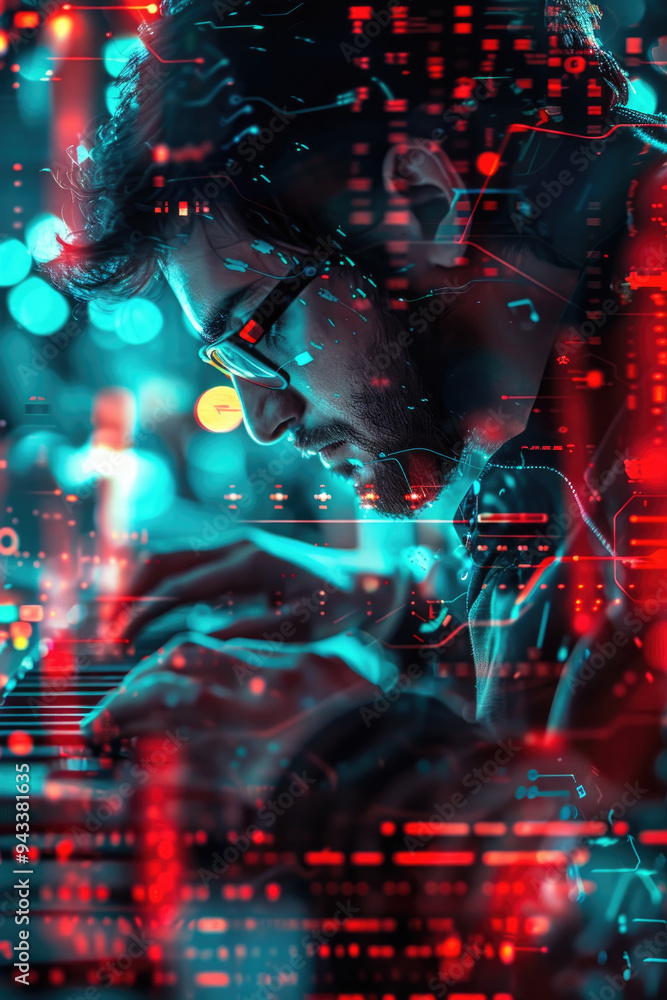 Poster a person is intensely typing on a keyboard, illuminated by vibrant digital graphics and neon lights 