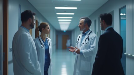 Medical professionals engage in discussion in a hospital corridor while assessing patient care during evening rounds