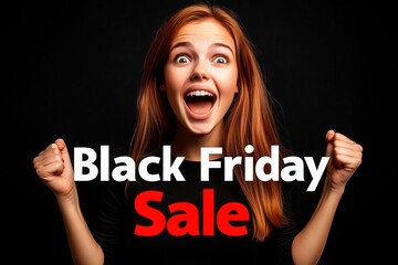 Excited young woman celebrating Black Friday sale with arms raised