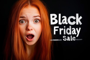 Surprised woman with red hair during Black Friday sale excitement