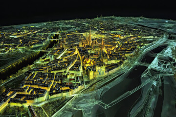 Technical aerial visual, 3D LiDAR GIS aerial map satellite scan model isolated, showing Angers, France. Elevation, topography, render