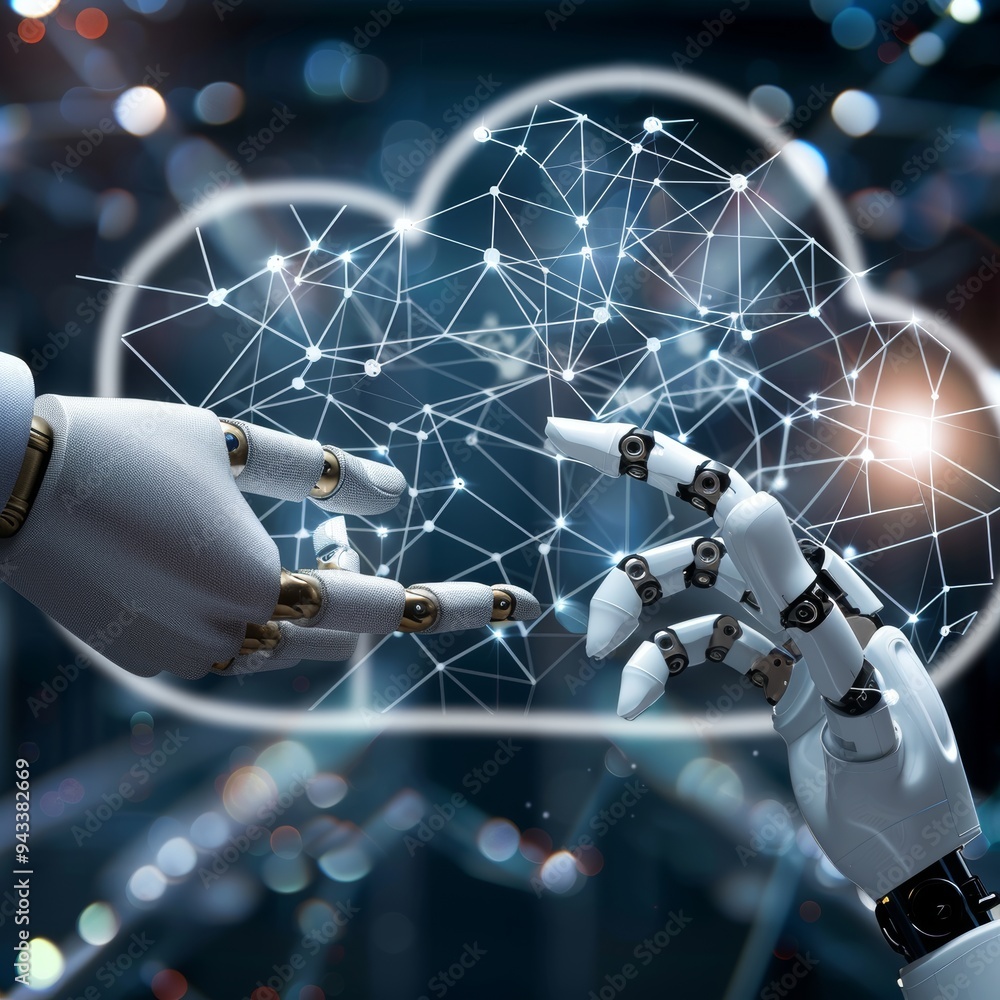 Poster two robotic hands reaching towards each other, surrounded by illuminated network connections
