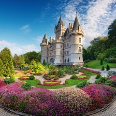 A castle with flowers and trees in the garden 