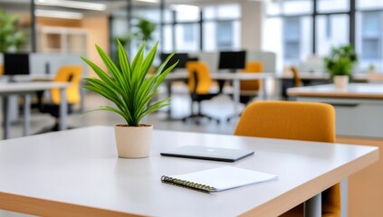 Fototapeta premium Modern Office Interior with White Tabletop and Blurred Background of Glass Walls