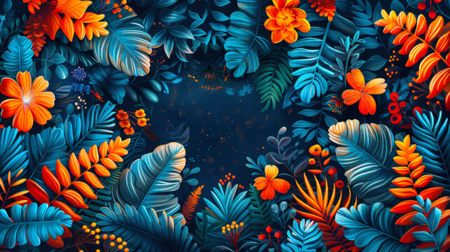 A colorful garden with many different types of flowers and leaves. Floral background. Beautiful botanical print. The painting is saturated