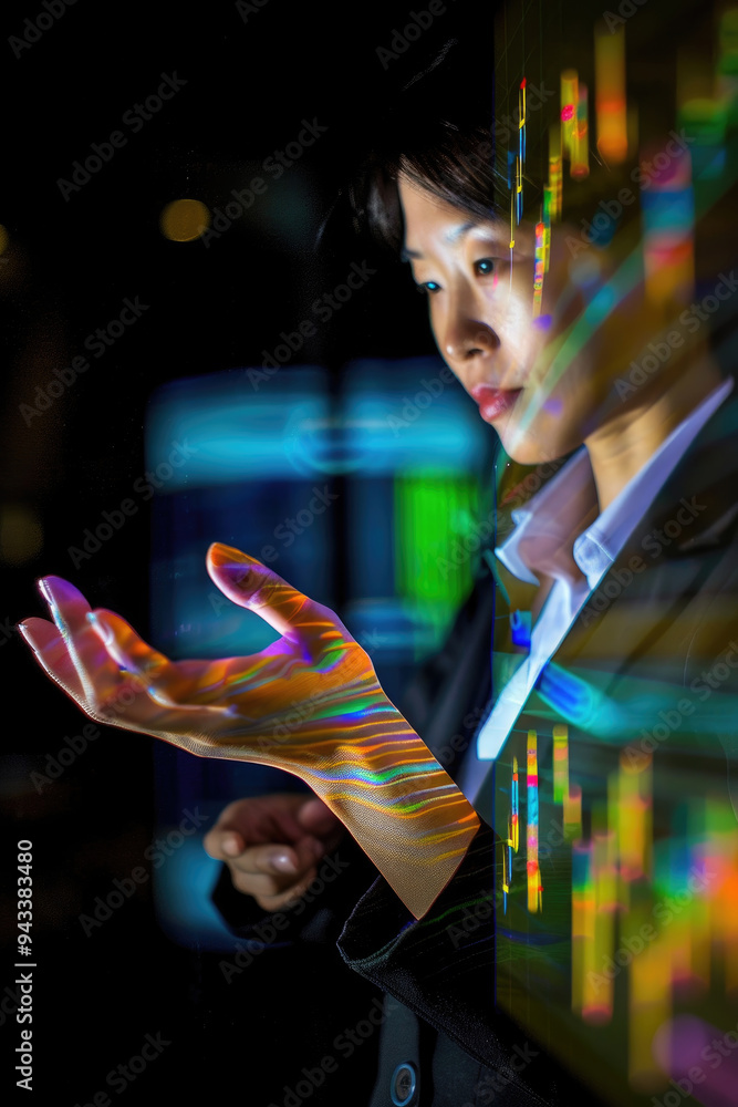 Poster a young professional examines colorful data patterns projected on a digital screen while in an offic