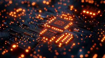 Fototapeta premium Advanced Microchip Circuit Board with Glowing Orange Lights Generative AI