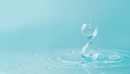 Time as water, a concept. Water with a drip dripping in a glass clock. Creative idea, save the water on a blue background. Global Warming