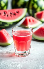 Watermelon juice in a glass with fresh slices, on a white background, close up