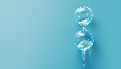 Time as water, a concept. Water with a drip dripping in a glass clock. Creative idea, save the water on a blue background. Global Warming