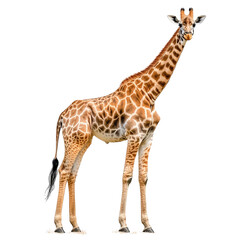 Fototapeta premium Explore the Graceful Presence of a Giraffe Standing Tall Against a Dark Background, Symbolizing Nature's Beauty