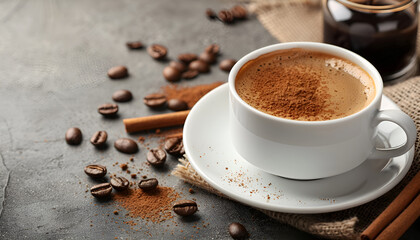 Cup of aromatic hot coffee on table