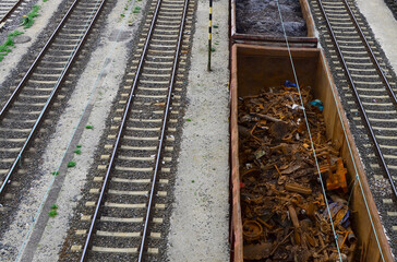 A rusted train container filled with mixed scrap is on its way to a recycling facility to recover valuable raw materials.
The container, heavily corroded and loaded with assorted scrap.