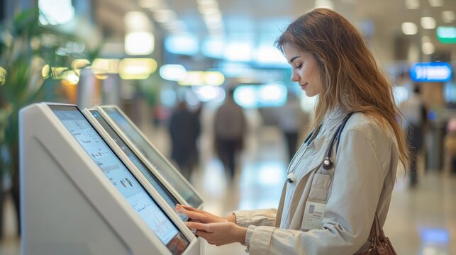 Man, airport and self service for check in, ticket registration or online boarding pass. Male traveler by terminal machine or kiosk for travel application, document or booking flight for plane trip