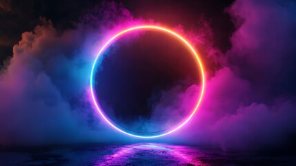 Naklejka premium Neon Circular Portal Surrounded by Ethereal Clouds