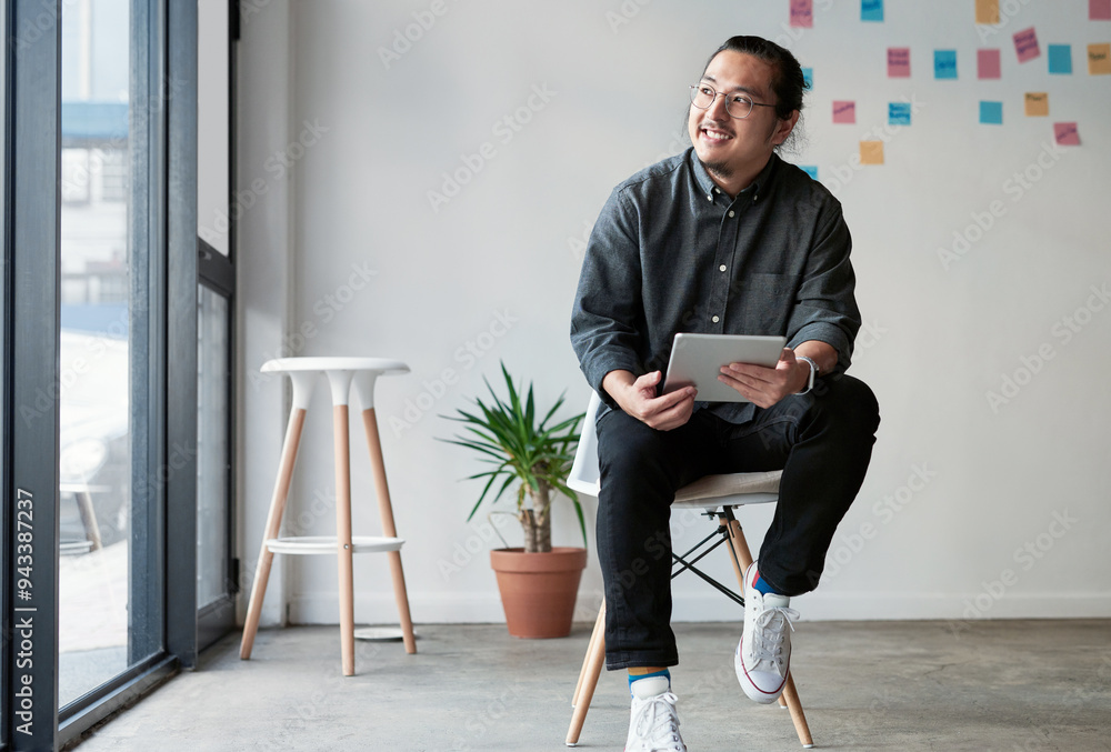 Poster tablet, thinking and asian business man with creative idea, mindset or planning future. vision, tech