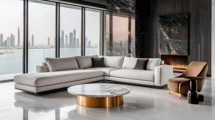 Luxury Penthouse Living A Sophisticated and Elegant Living Room with Plush Velvet Seating  Marble Accents  and Panoramic Views of a Stunning Skyline Embodying Modern Urban Opulence