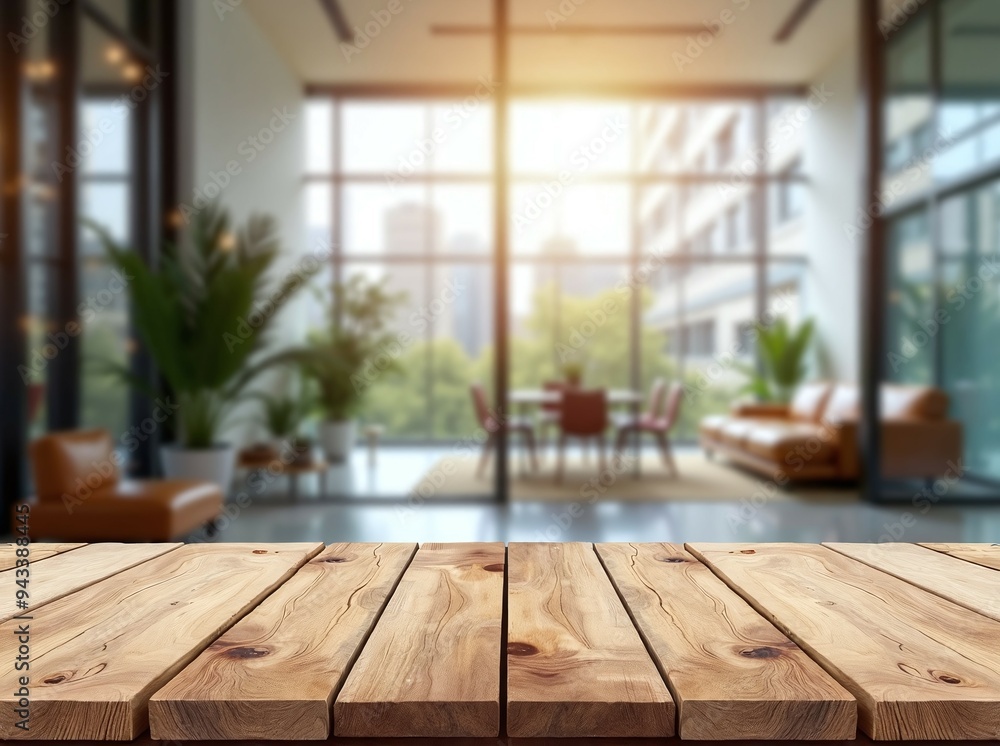 Poster a cozy wooden table with natural grain, illuminated by sunlight streaming through a large window.