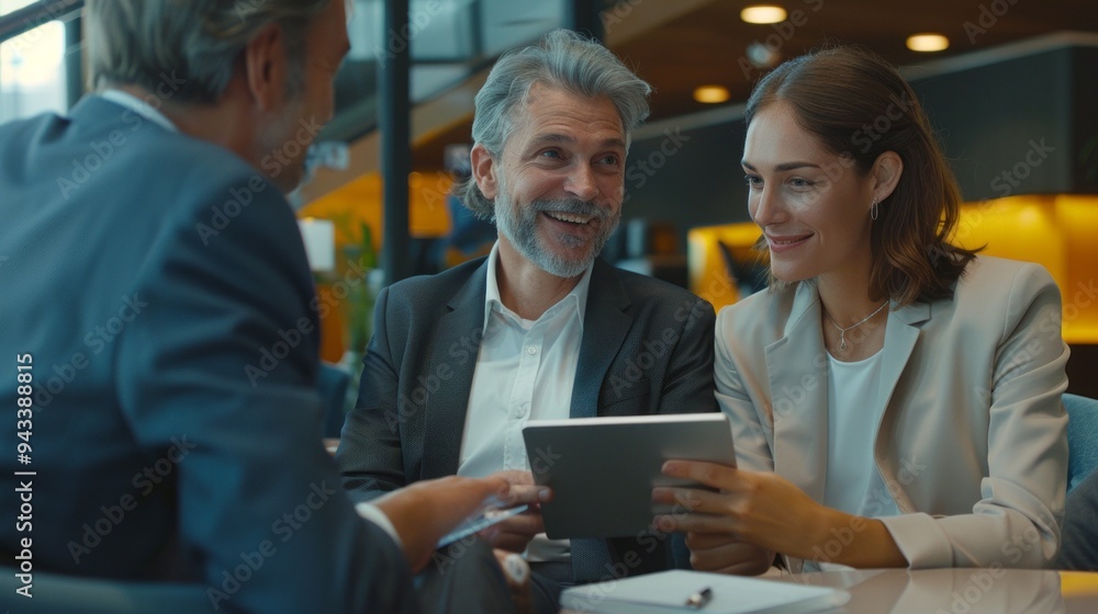 Poster a man and a woman are sitting at a table with a tablet in front of them