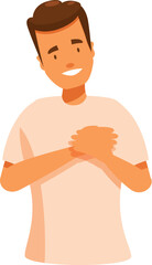 Thankful young man is holding his hands to his chest and smiling