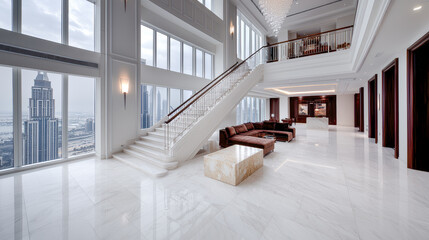 Fototapeta premium Luxury Penthouse Living A Sophisticated and Elegant Living Room with Plush Velvet Seating Marble Accents and Panoramic Views of a Stunning Skyline Embodying Modern Urban Opulence