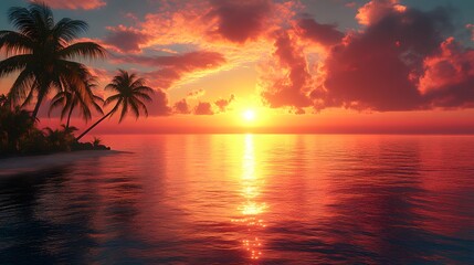 Coastal sunset with silhouetted palm trees and a serene ocean view, warm colors, 3D animation illustration.