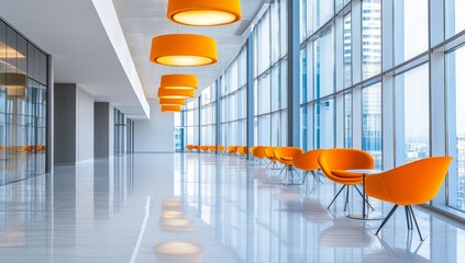 Blurred, empty modern office interior with panoramic windows and hanging lights.