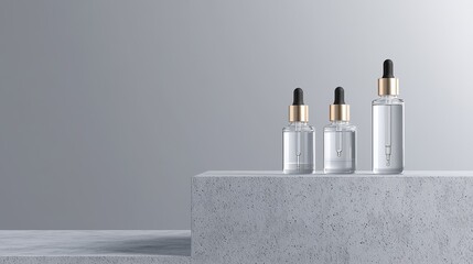 Glass bottles with skincare serums, pipettes displayed on a textured concrete podium, 3D illustration