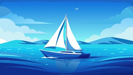 Naklejka premium Sleek sailboat gliding across a serene ocean under blue skies