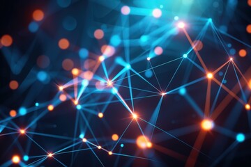 A network of interconnected nodes with blue and orange luminous lines against a dark background