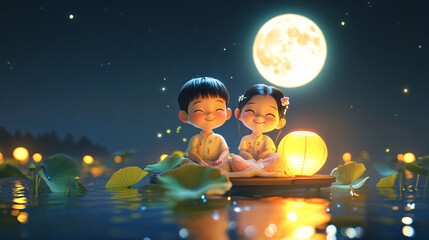 Boy and girl at the platform with full moon background